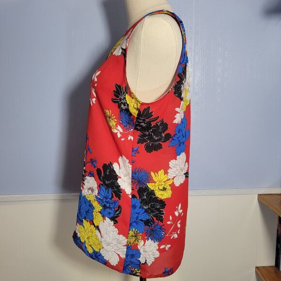 Violet + Claire Small Bright Red Blue Floral Keyhole Sleeveless Summer Blouse - Picture 5 of 9